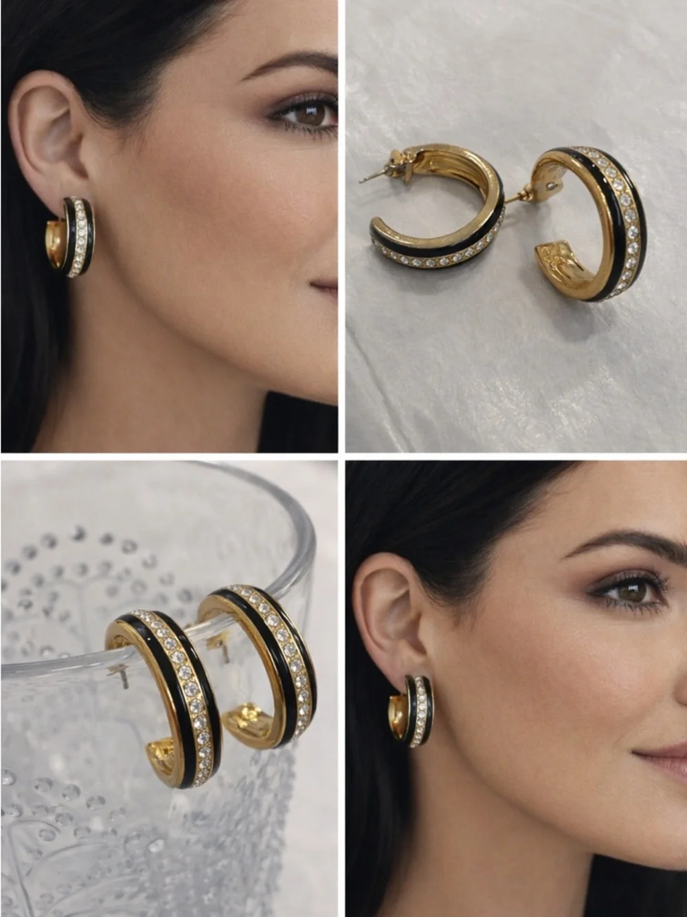 Gold Navy Enamel Rhinestone Hoop Earrings Medium - Picture 2 of 12